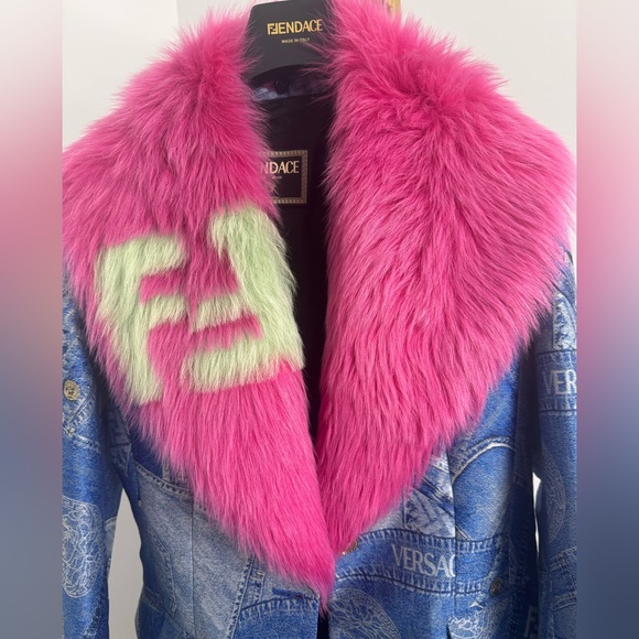 Rare Runway Fendace Medusa head Zucca monogram Denim Jacket faux fur attachment - Picture 14 of 16